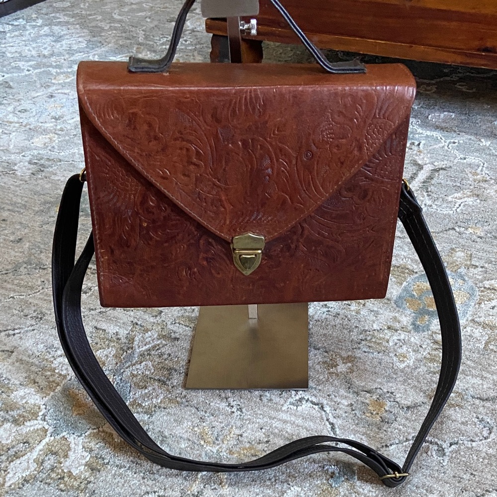 Vintage Tooled Brown Leather Envelope Crossbody Bag